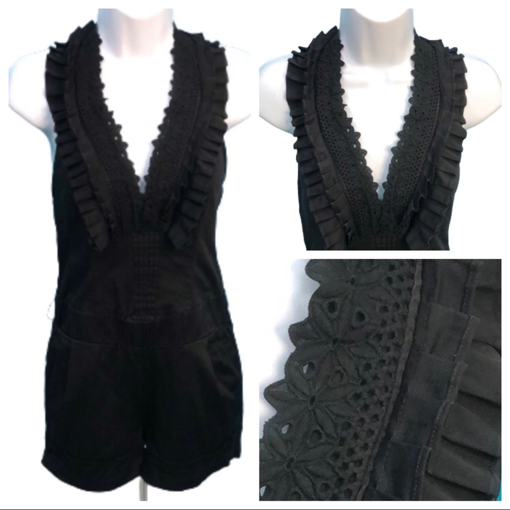 B.C.B.G. USA BEST COLLECTION BY ELIAS•VINTAGE BLACK ROMPER •RUFFLED V-NECK •sz S